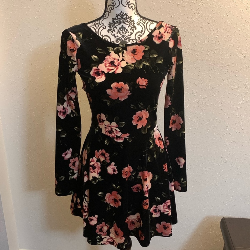 Floral Black Velvet Dress